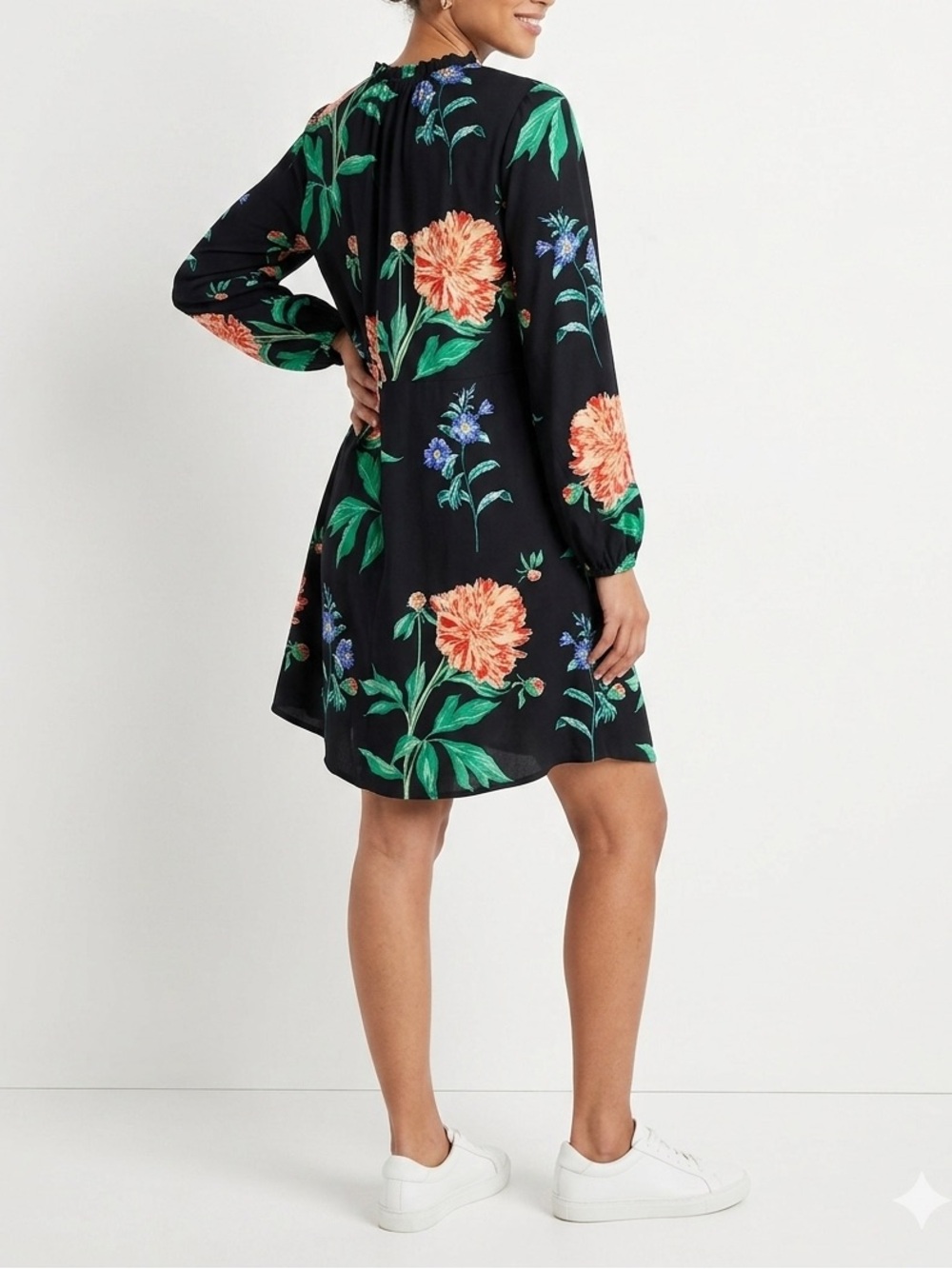 Junarose Black Long-Sleeve Floral Shift Dress with Green & Coral Print